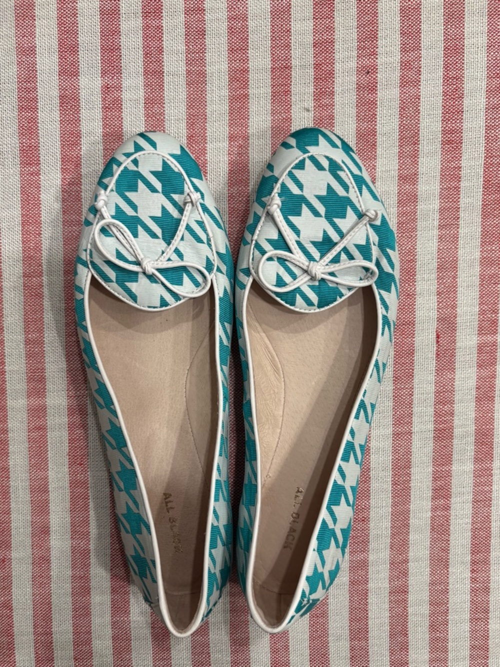 All Black Teal and White Houndstooth Ballet Flats with Bow Accent